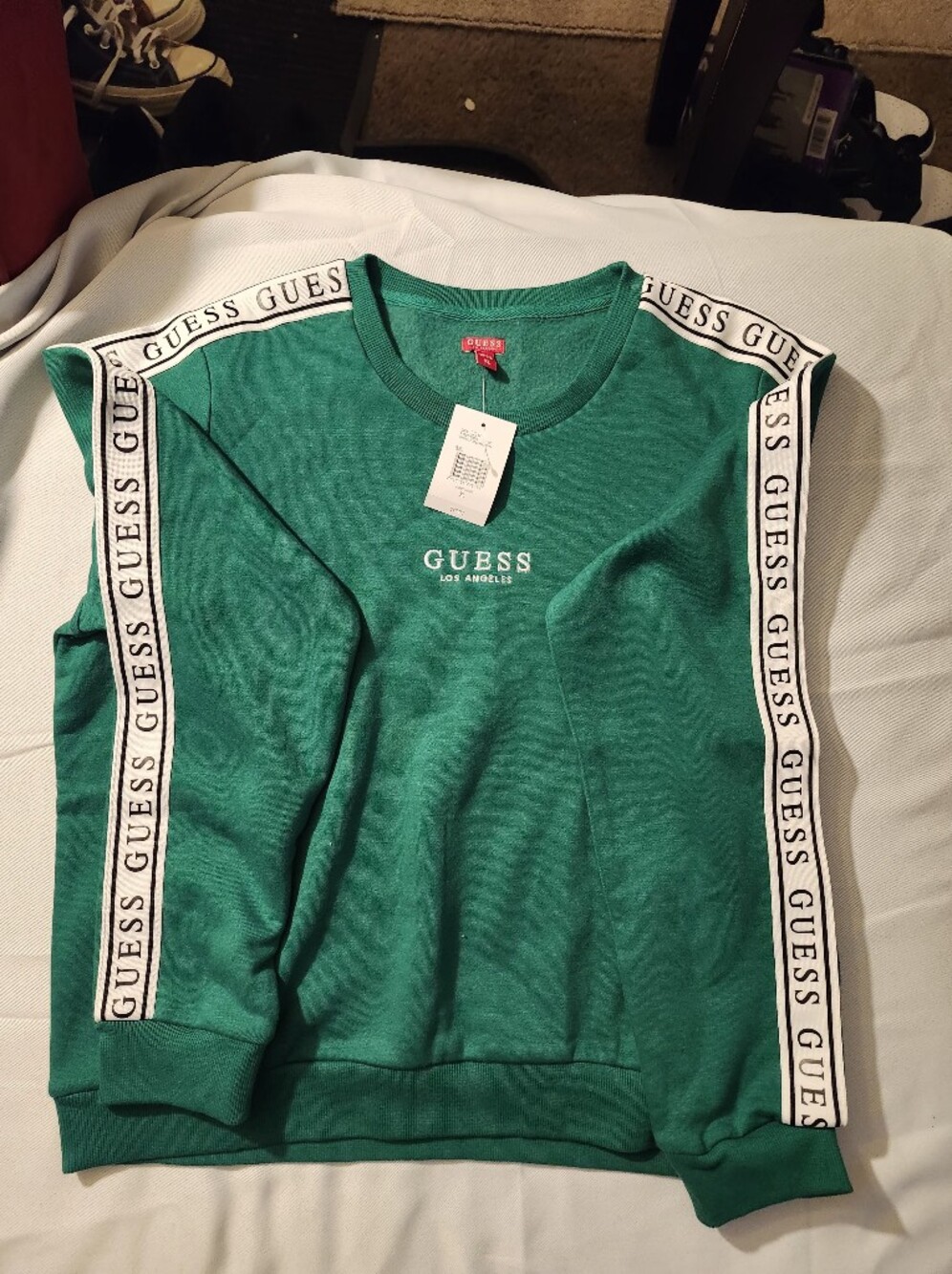 GUESS Men's Green Logo Crewneck with Branded Sleeve Tape